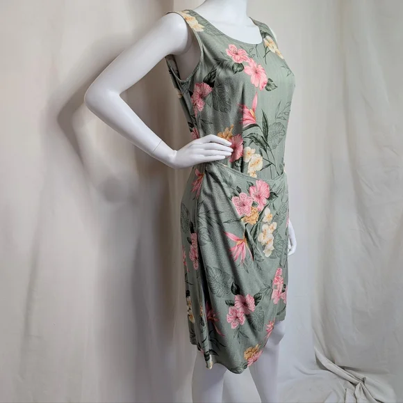 Green & Pink Botanical Floral Sleeveless Tank Midi Dress Wrap Front Style - Picture 5 of 9